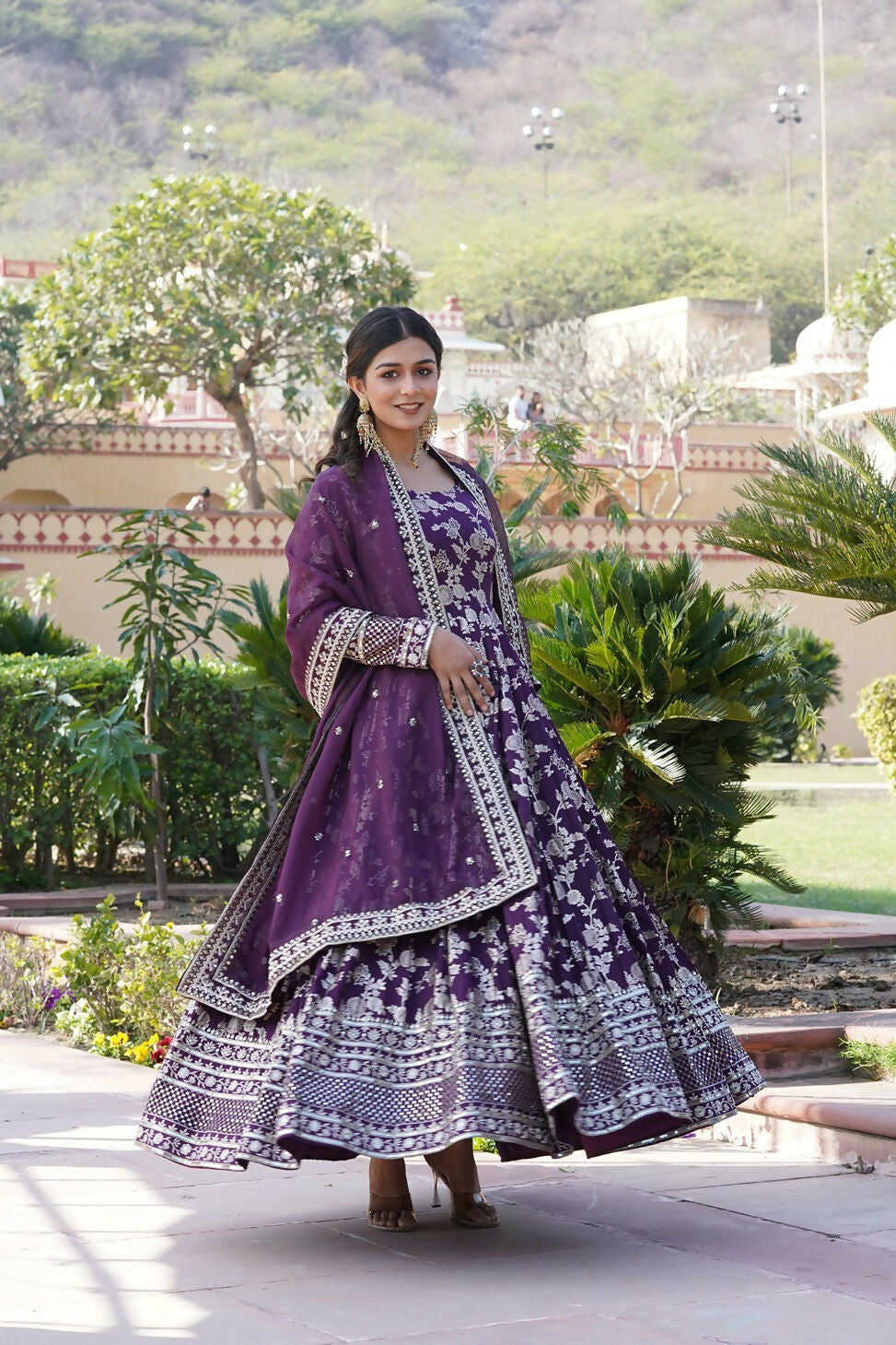 Wine Viscose Jacquard Kurta Set with Sequence Embroidery