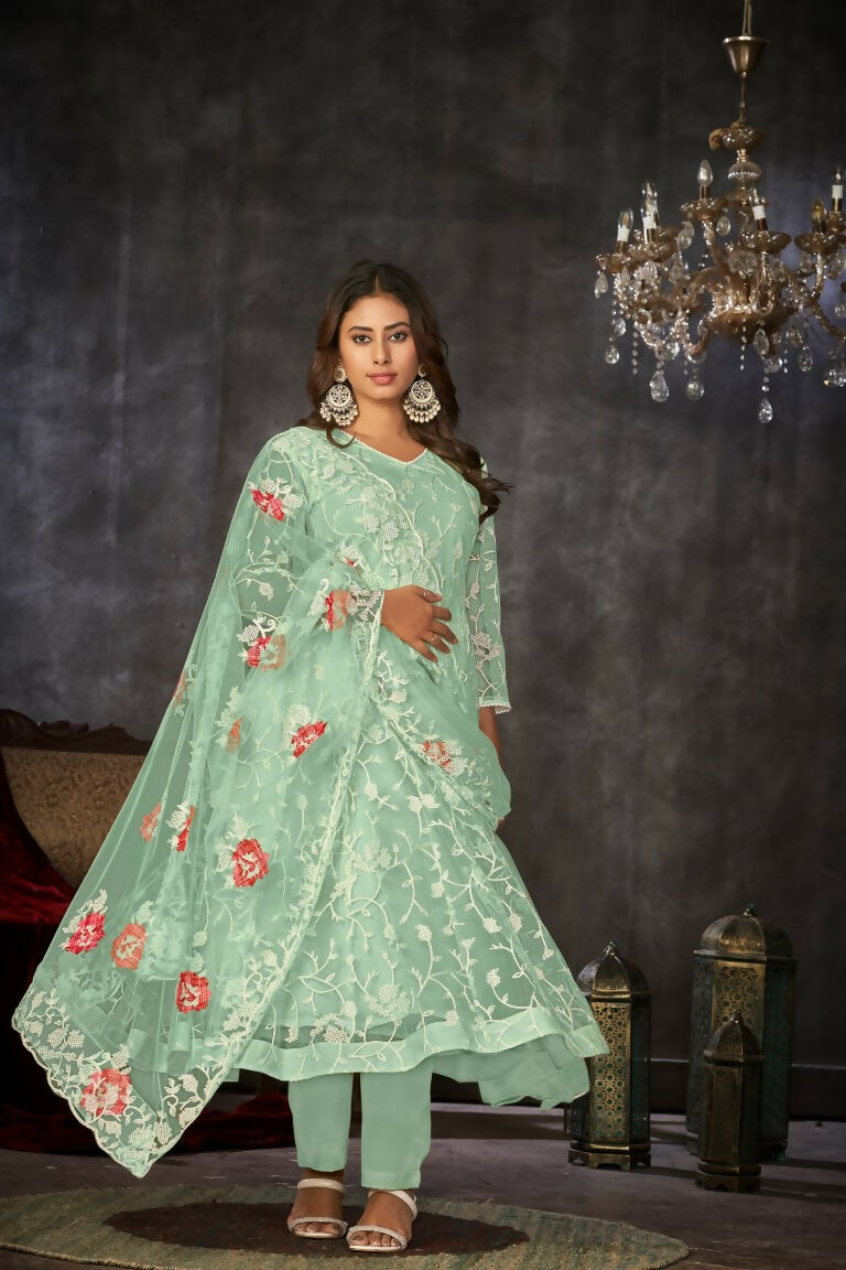 Sea Green Embroidered Net Anarkali Kurta Pant Set with Dupatta