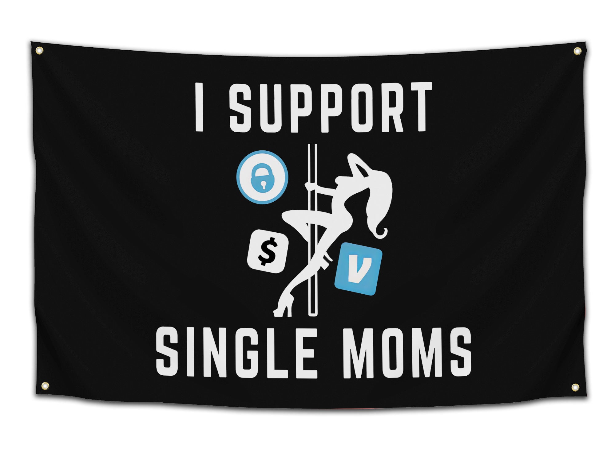 Black flag featuring a pole dancer silhouette and Venmo, OnlyFans, and dollar sign icons.