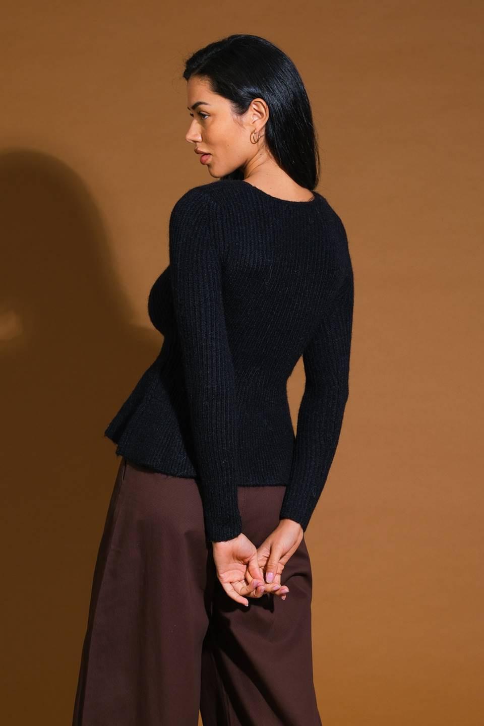Ribbed Knit Long Sleeve U Neck Sweater Top in Black - Image 2