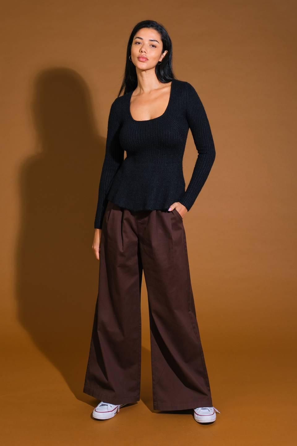 Ribbed Knit Long Sleeve U Neck Sweater Top in Black - Image 6