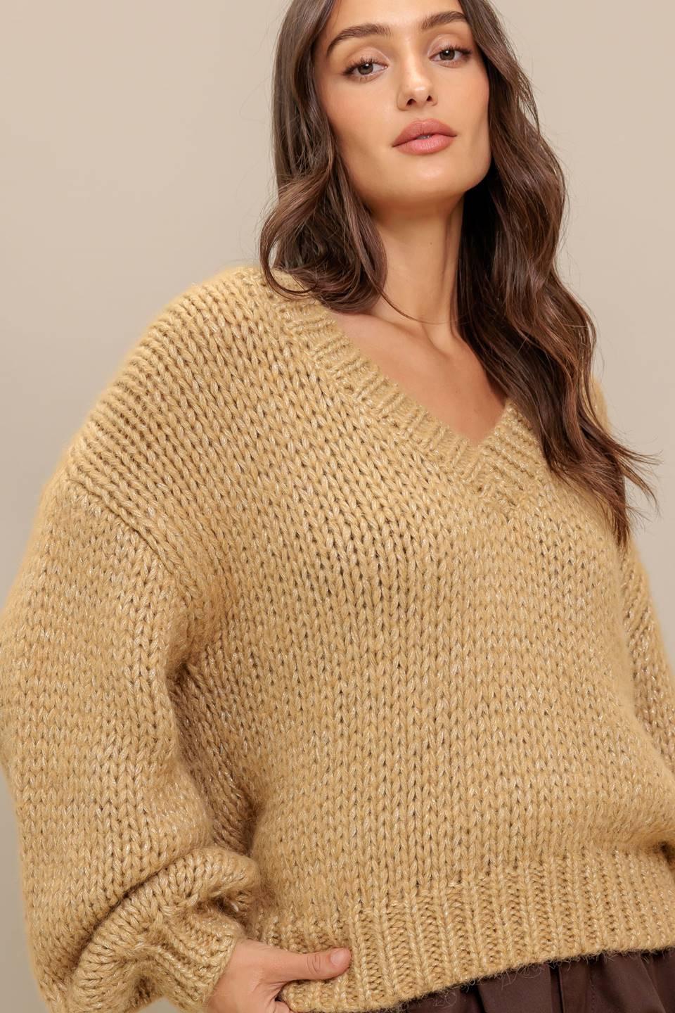 Earthy Touch Long Sleeve V-Neck Sweater Knit Pullover Top - Image 3