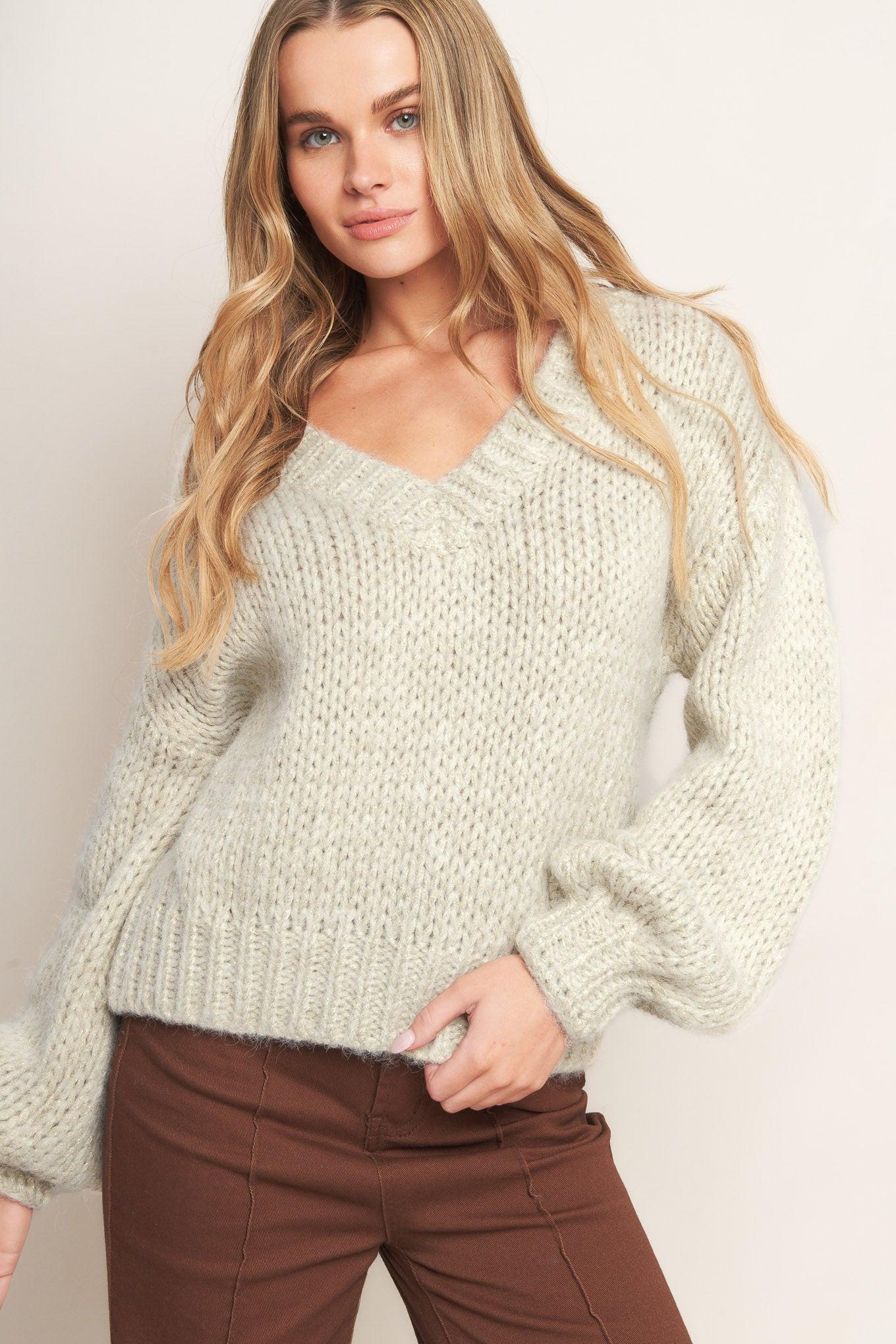 Earthy Touch Long Sleeve V-Neck Sweater Knit Pullover Top - Image 2