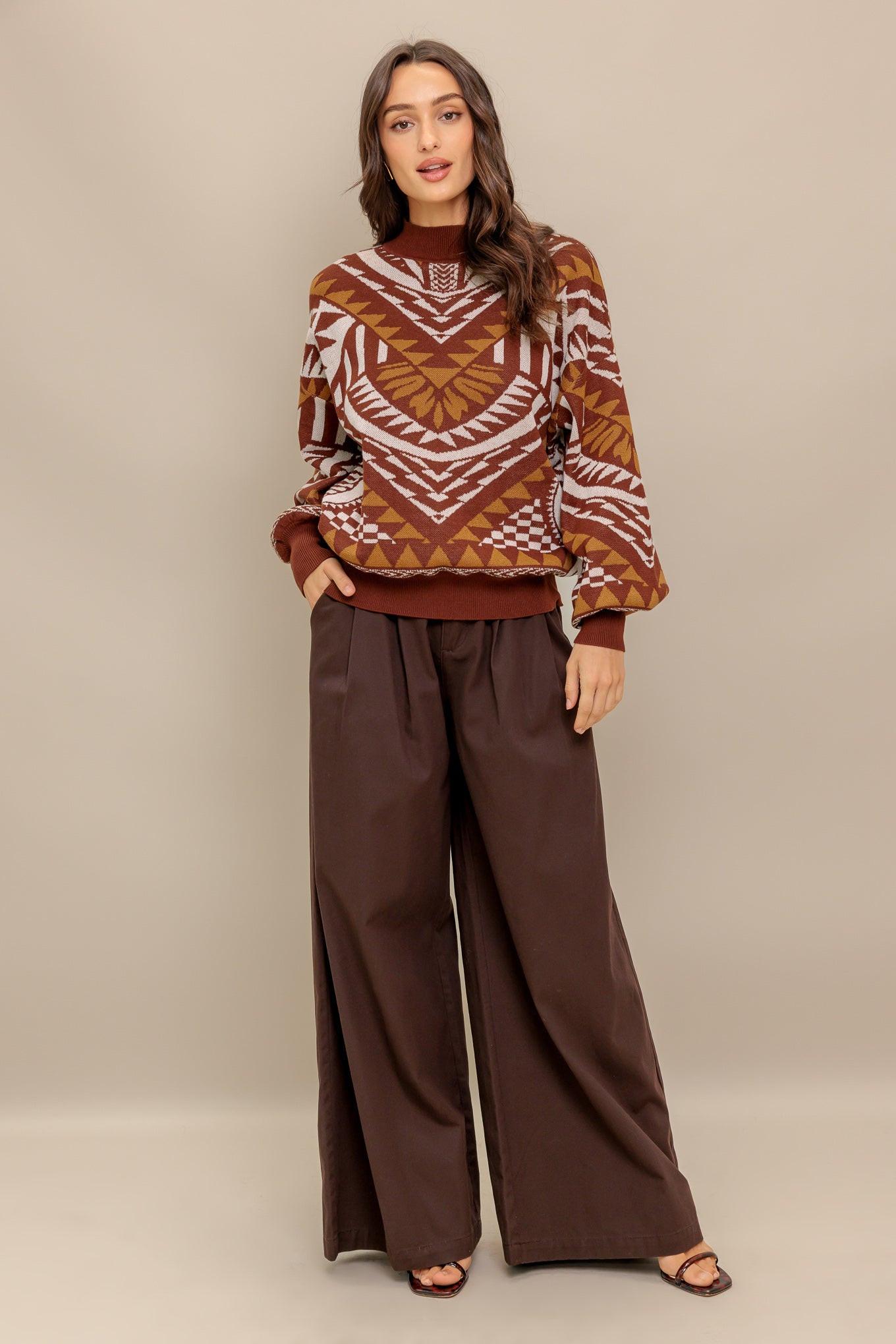 Brown Patterned Knit Mock Neck Pullover Sweater with Blouson Sleeves - Image 3