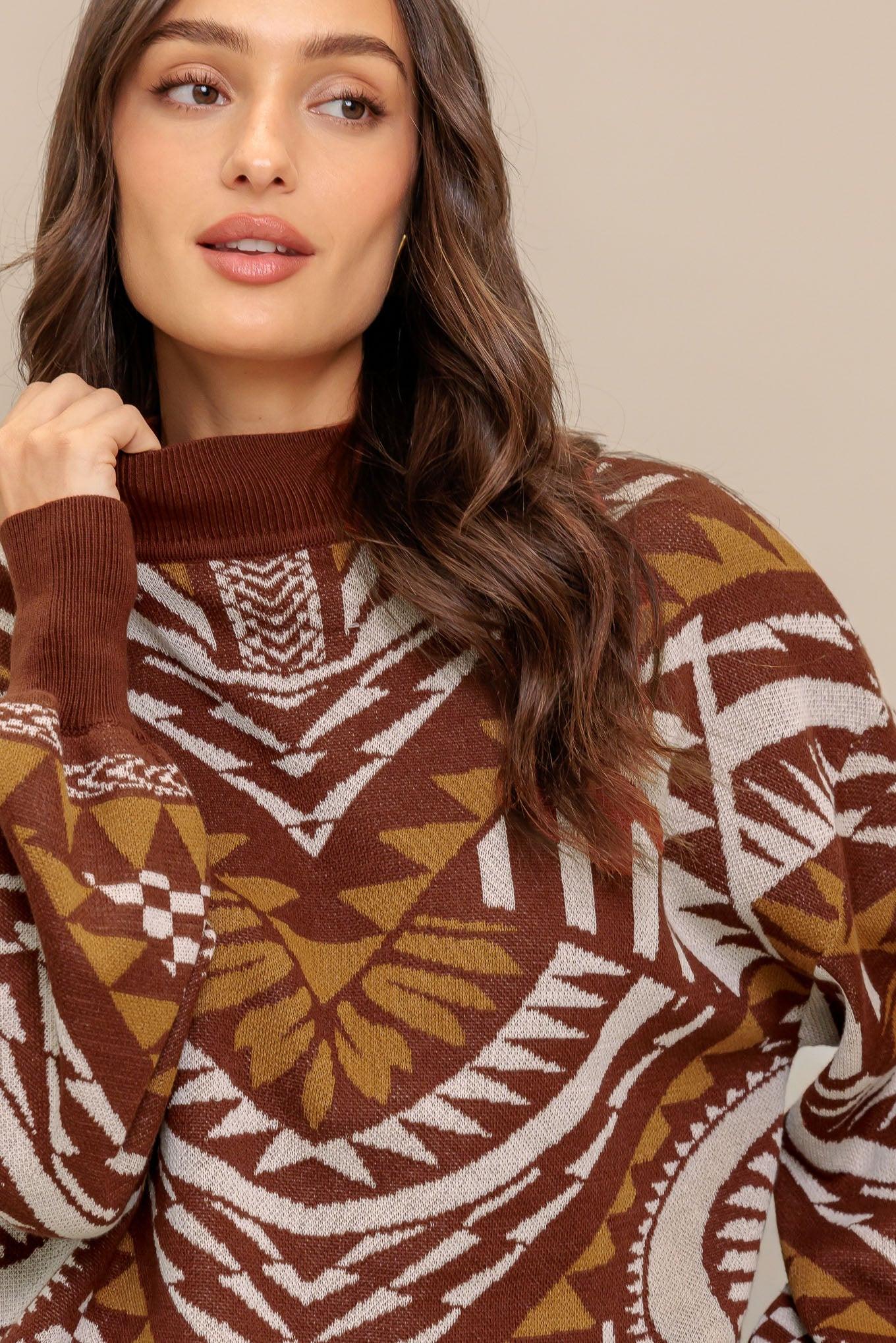 Brown Patterned Knit Mock Neck Pullover Sweater with Blouson Sleeves - Image 2