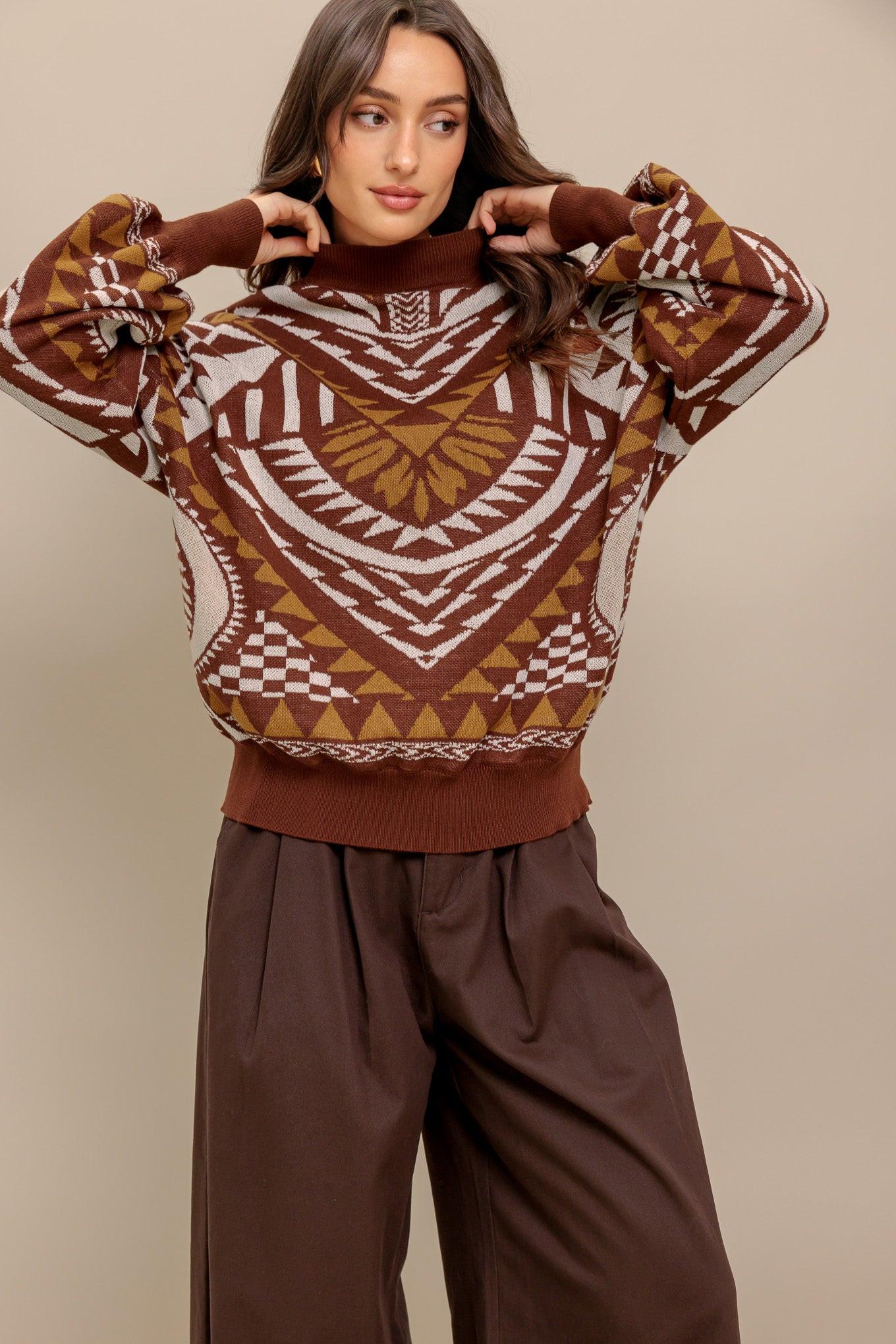 Brown Patterned Knit Mock Neck Pullover Sweater with Blouson Sleeves - Image 4