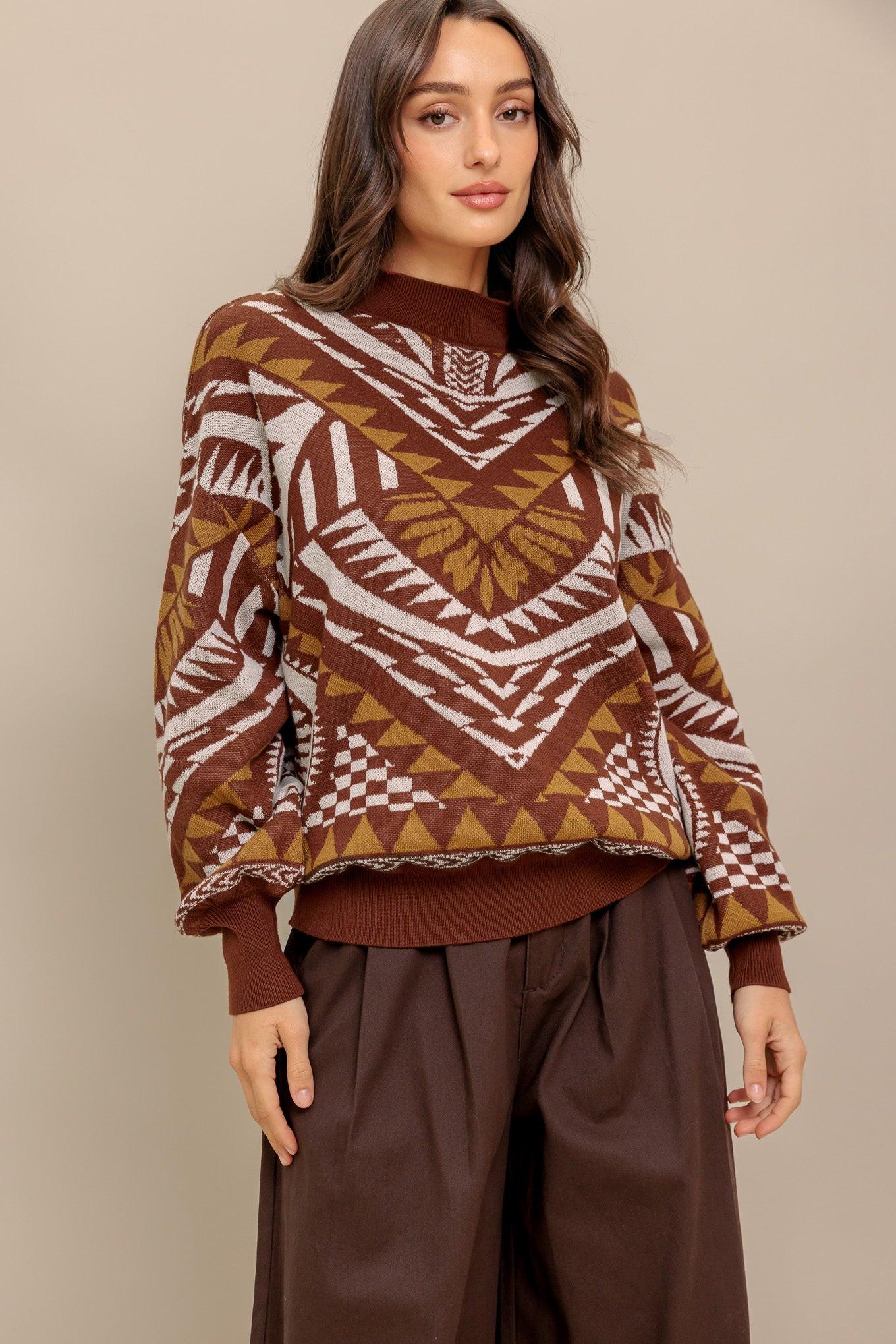 Brown Patterned Knit Mock Neck Pullover Sweater with Blouson Sleeves - Image 5