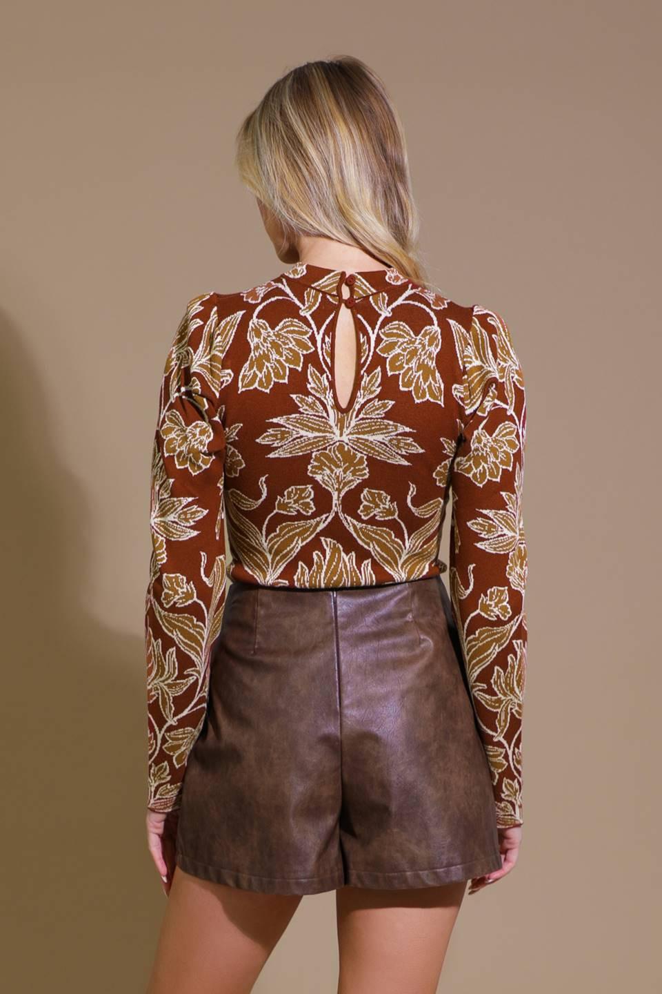 Floral Jacquard Long Sleeve Sweater Top in Rust - Image 2