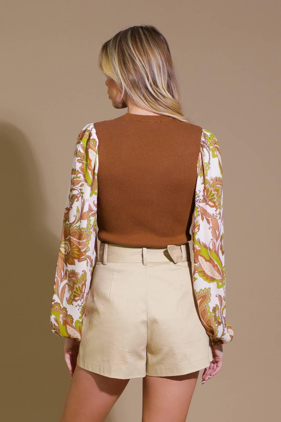 Brown Ribbed Knit Sweater with Paisley Printed Contrast Sleeves - Image 5