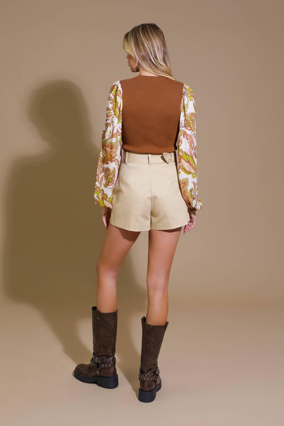 Brown Ribbed Knit Sweater with Paisley Printed Contrast Sleeves - Image 2