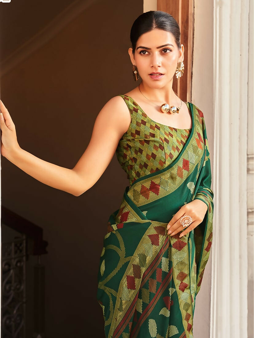 Green Silk Blend Printed Saree for Elegant Occasions