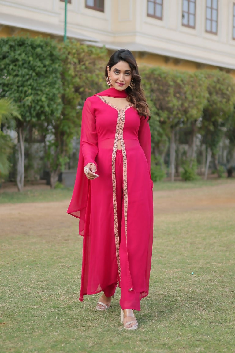 Jyoti Fashion Women's Pink Faux Blooming Embroidered Kurta with Trouser & Dupatta