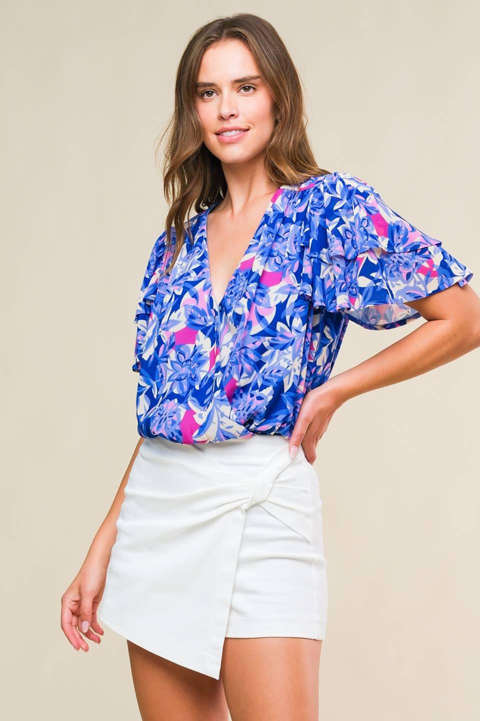 Blue Floral Print Woven Wrap Blouse with Flutter Sleeves - Image 3