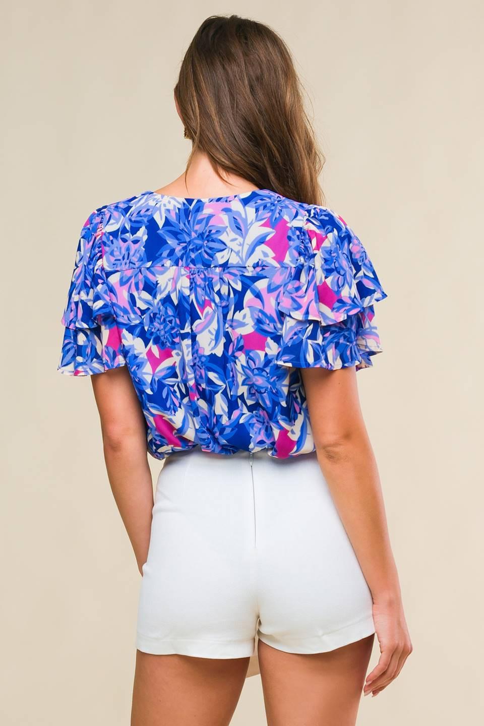 Blue Floral Print Woven Wrap Blouse with Flutter Sleeves - Image 2