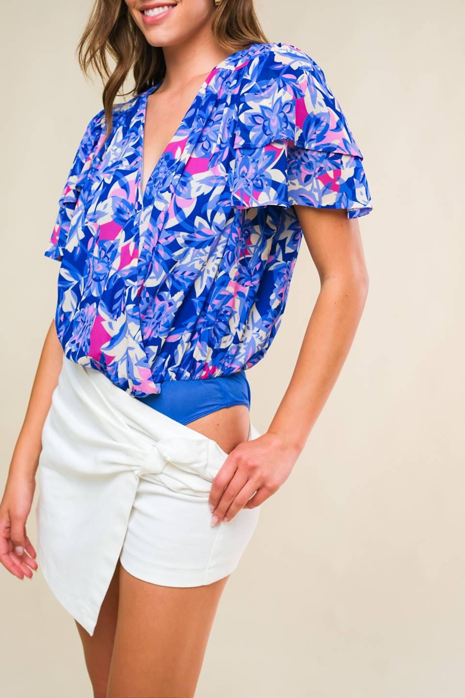 Blue Floral Print Woven Wrap Blouse with Flutter Sleeves - Image 5