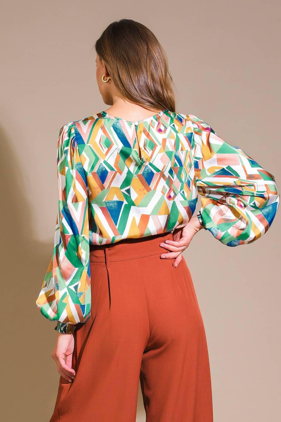 Geometric Print Woven Blouse with Blouson Sleeves - Image 2