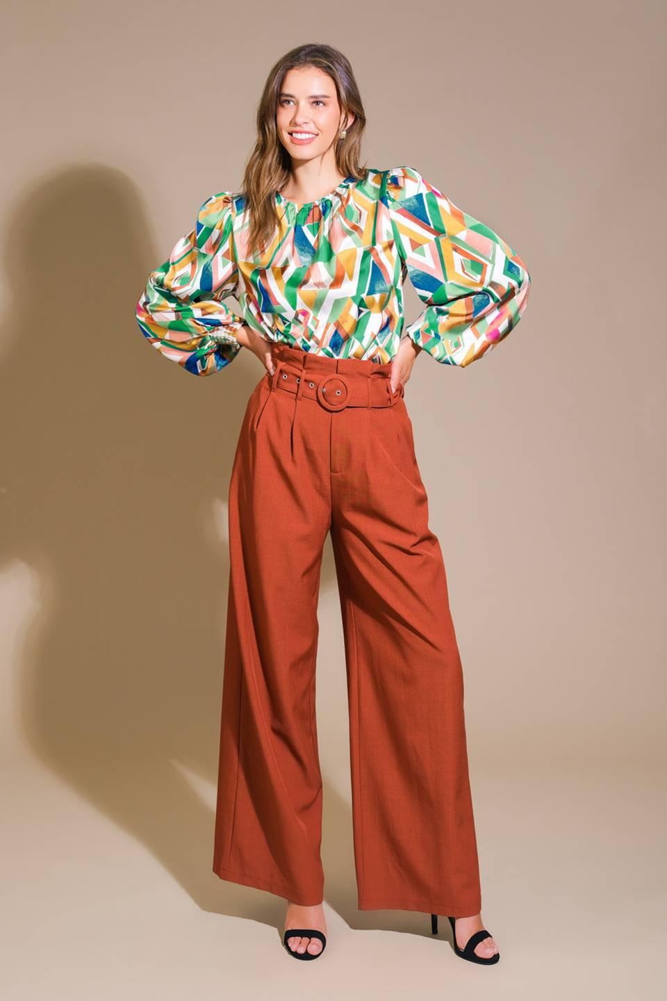 Geometric Print Woven Blouse with Blouson Sleeves - Image 5