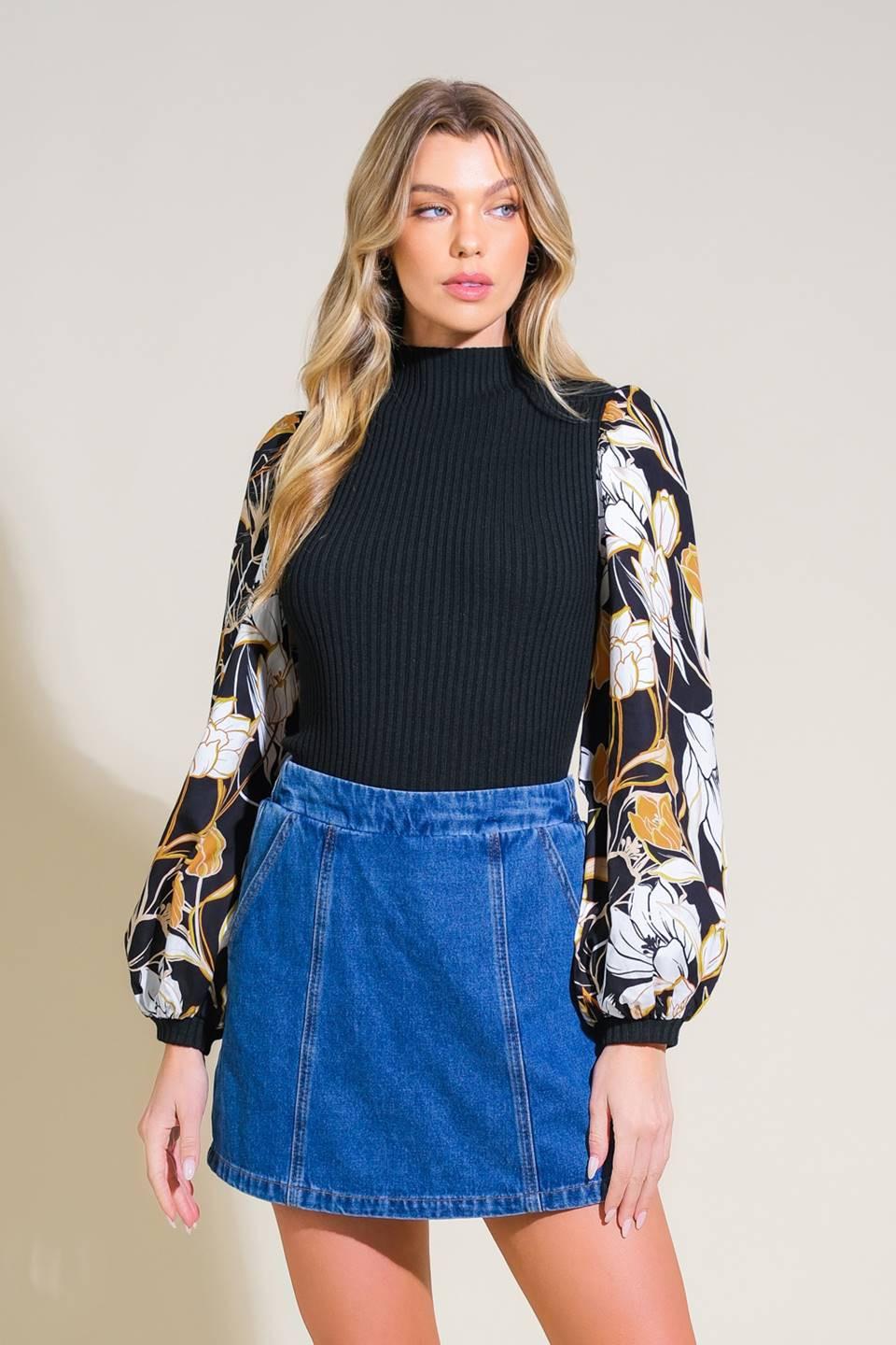 Black Mock Neck Sweater Top with Floral Contrast Sleeves - Image 3