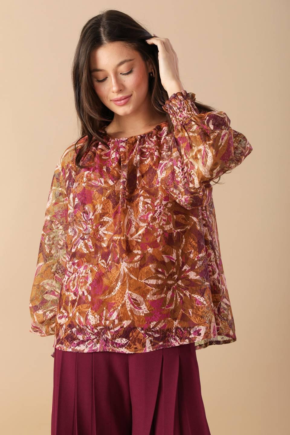 Sunset Stroll Floral Print Blouse with Blouson Sleeves - Image 3