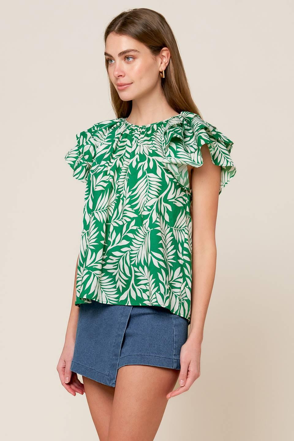 Green Tropical Leaf Print Woven Top with Layered Ruffle Sleeves - Image 4