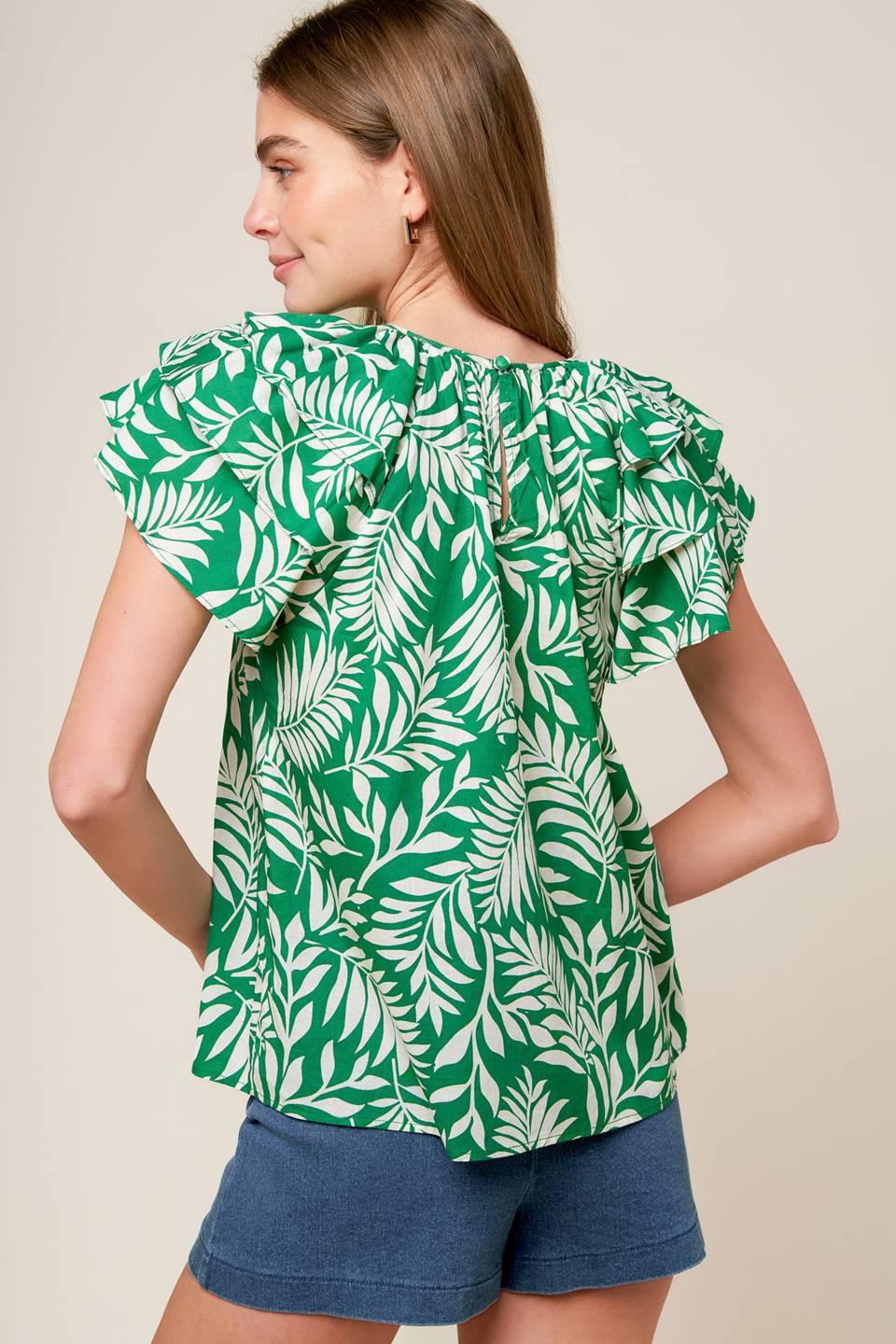 Green Tropical Leaf Print Woven Top with Layered Ruffle Sleeves - Image 3
