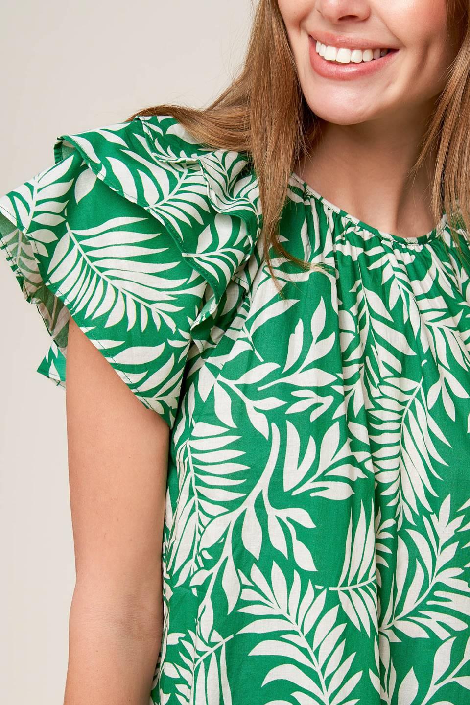 Green Tropical Leaf Print Woven Top with Layered Ruffle Sleeves - Image 2