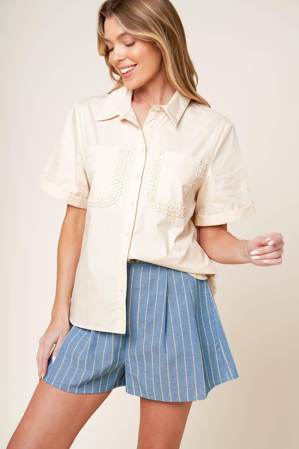 Cream Woven Button Down Top with Lace Trim Pockets - Image 2