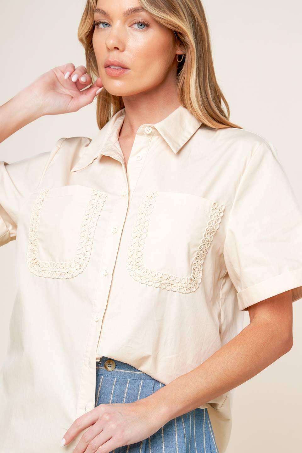 Cream Woven Button Down Top with Lace Trim Pockets - Image 5