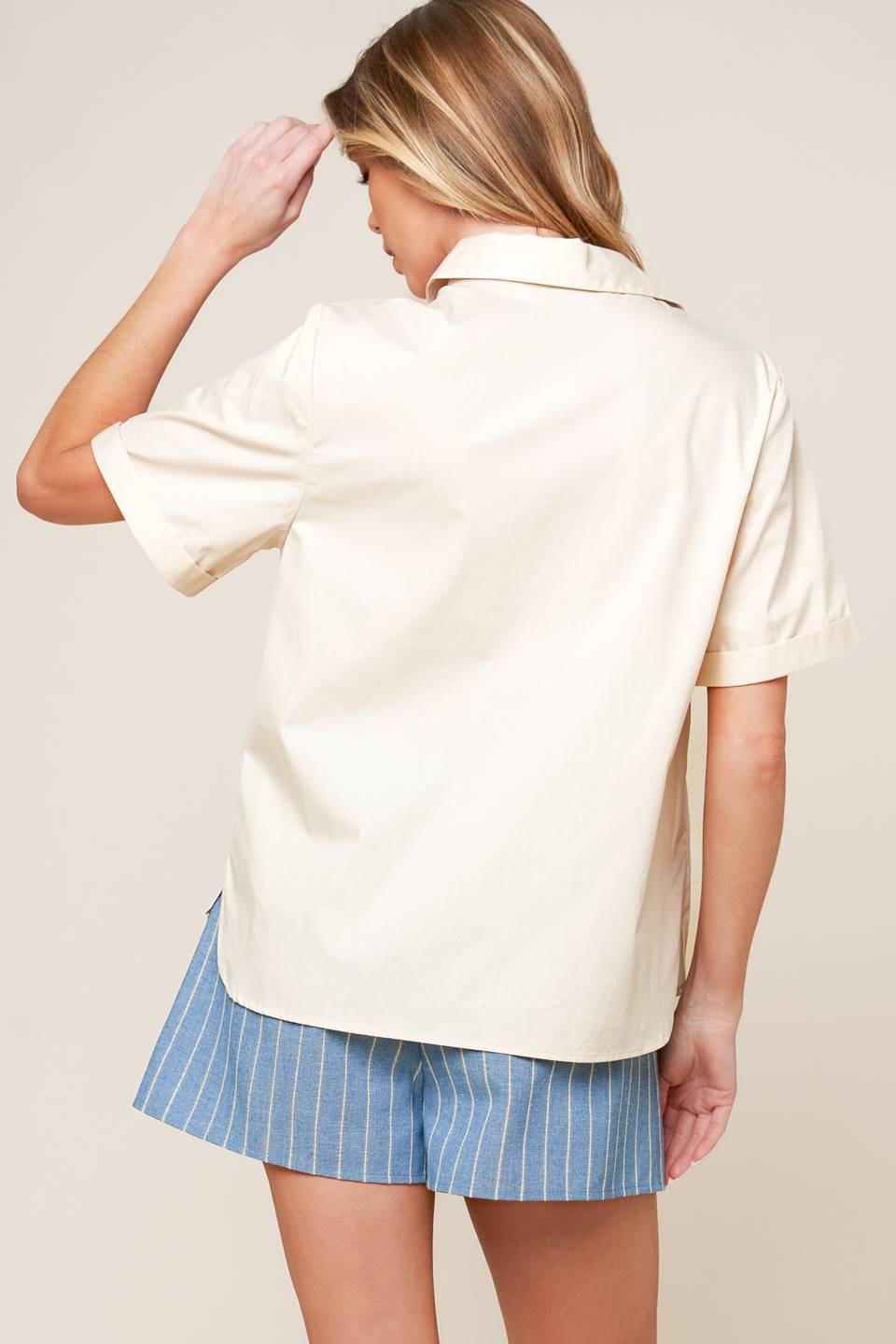 Cream Woven Button Down Top with Lace Trim Pockets - Image 3
