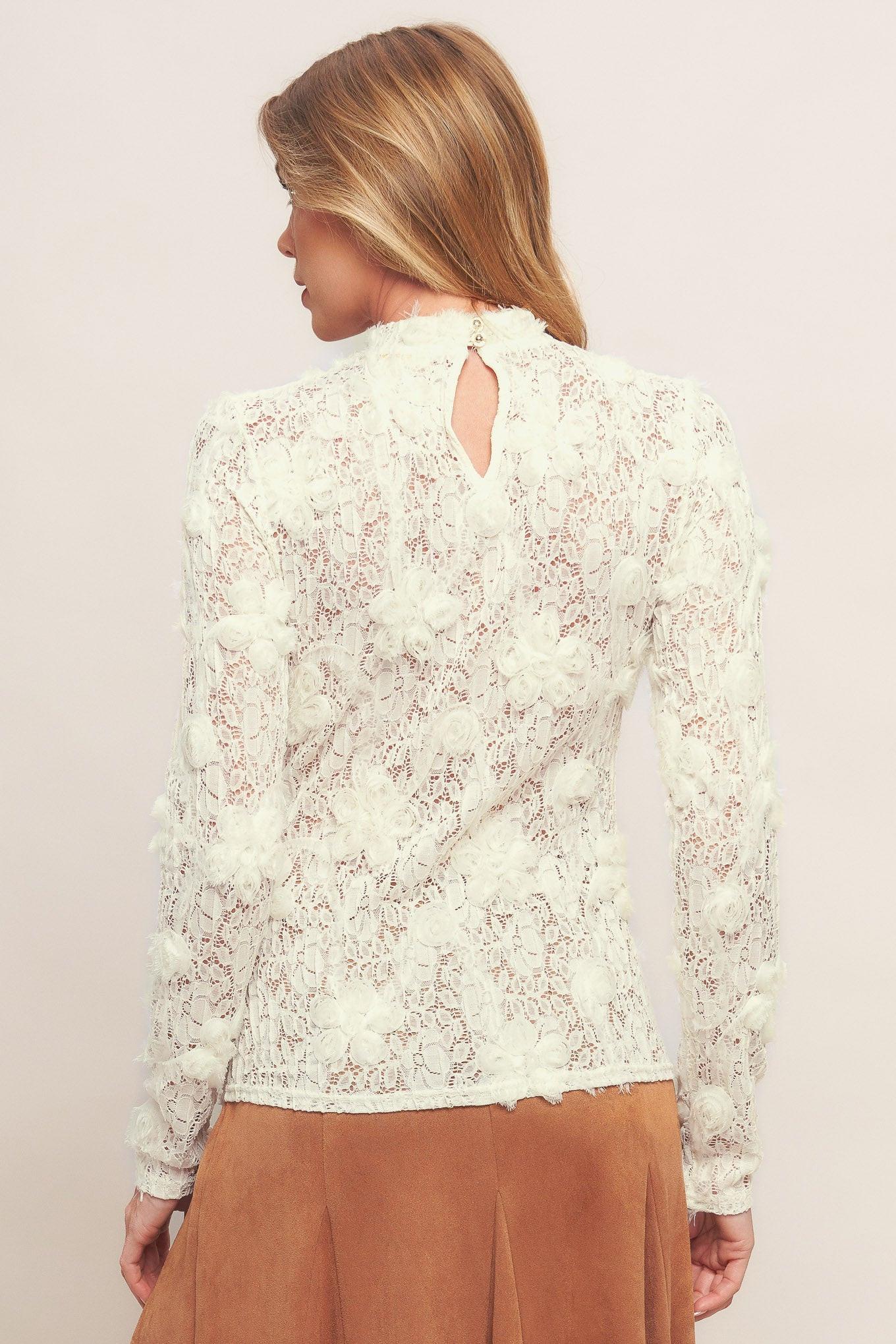 Romantic Sheer Floral Sweater Top with Mock Neck - Image 3