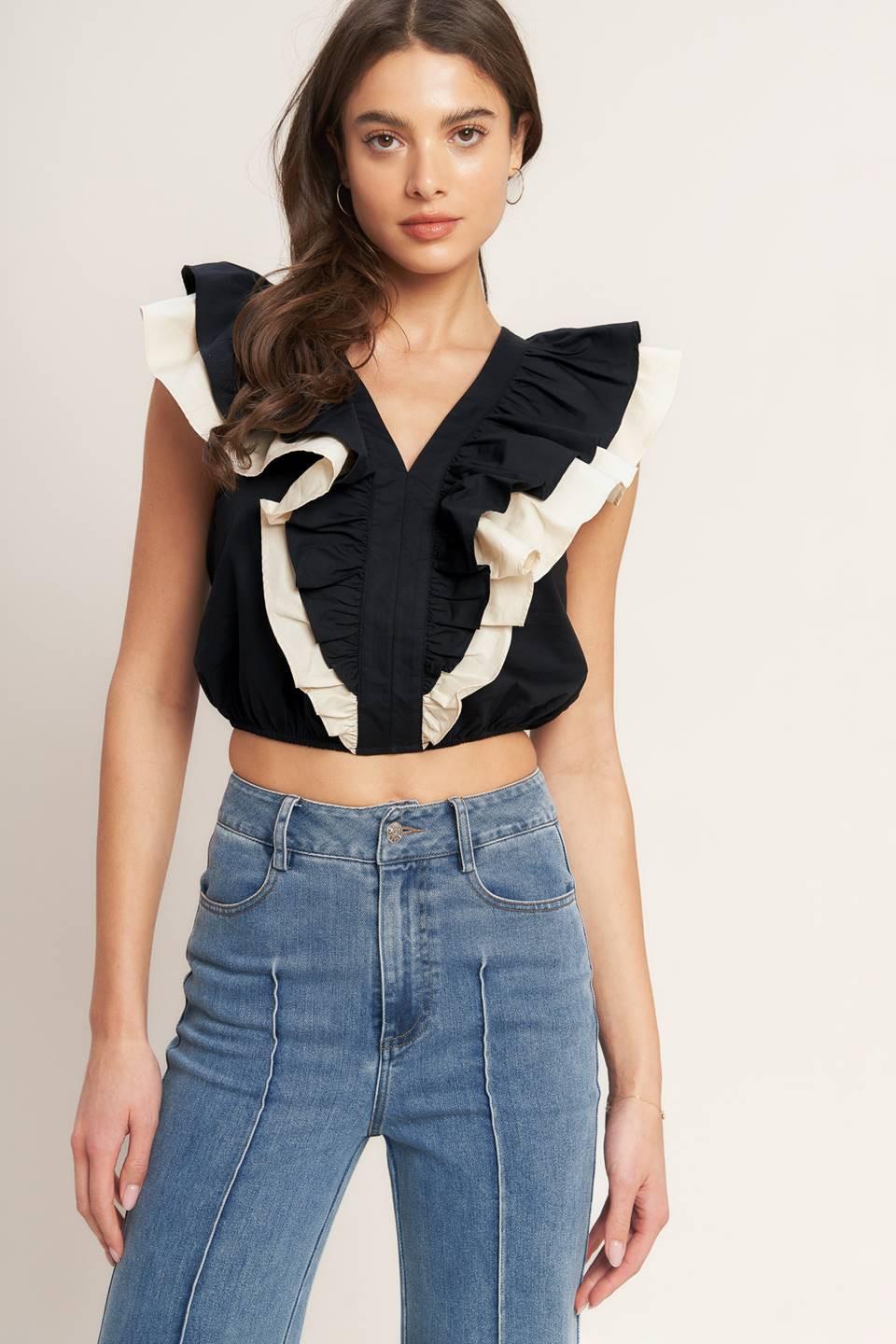 Contrast Ruffle V-Neck Crop Top in Black and Beige - Image 4