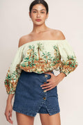Printed Off-Shoulder 3/4 Sleeve Woven Crop Top for Women