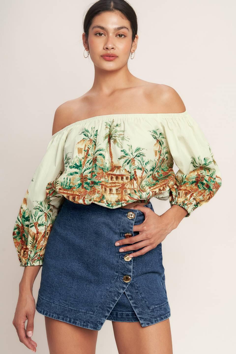 Printed Off-Shoulder 3/4 Sleeve Woven Crop Top for Women