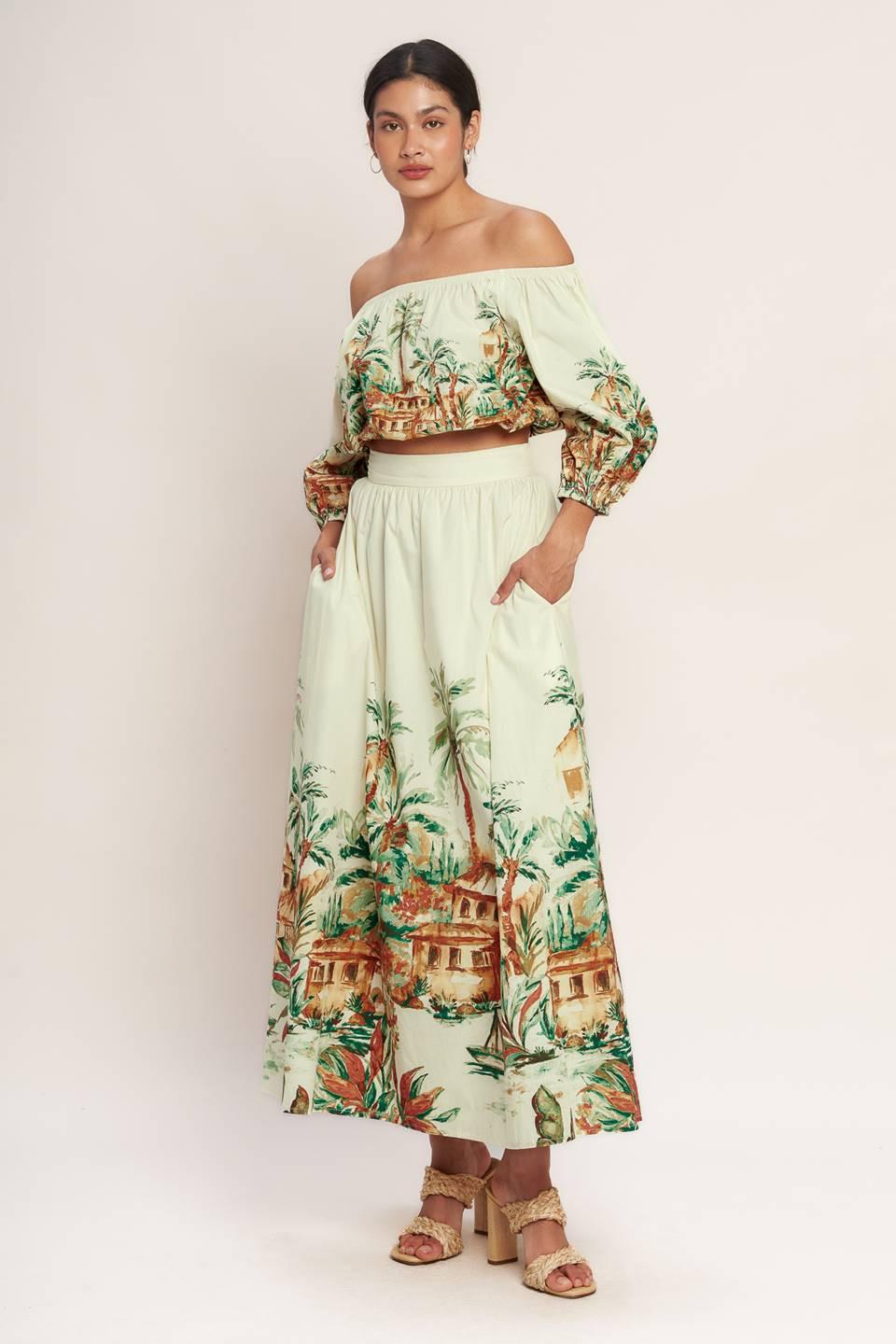 Printed Off-Shoulder 3/4 Sleeve Woven Crop Top for Women