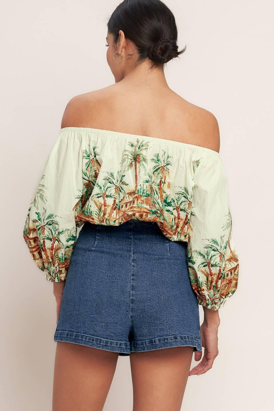 Printed Off-Shoulder 3/4 Sleeve Woven Crop Top for Women