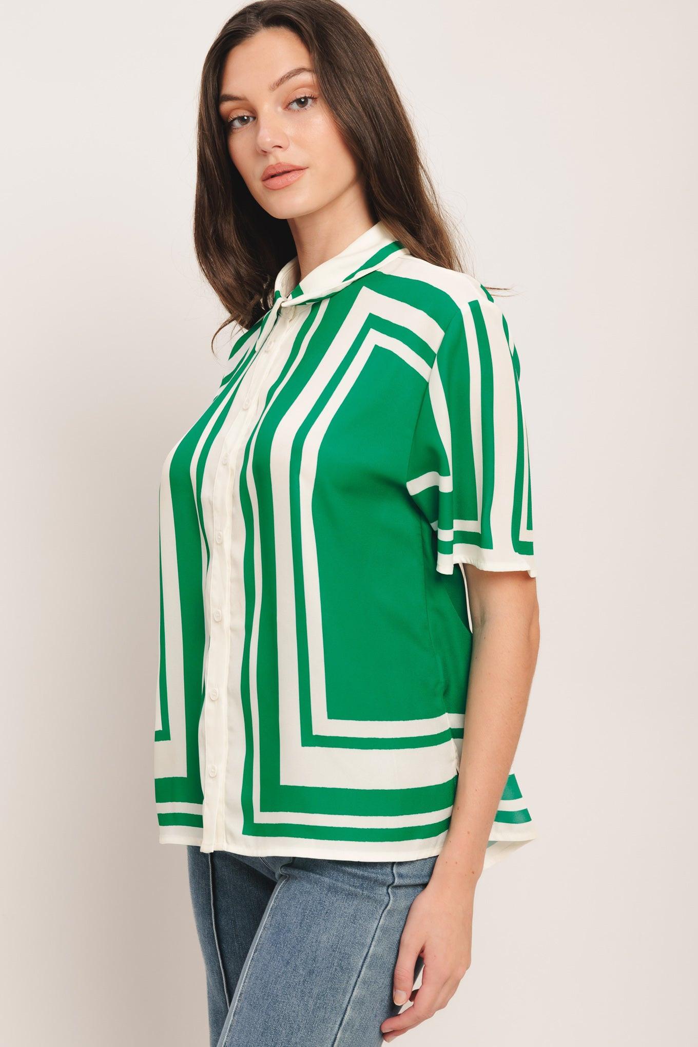 Green White Striped Collared Short Sleeve Woven Button Down Top - Image 2