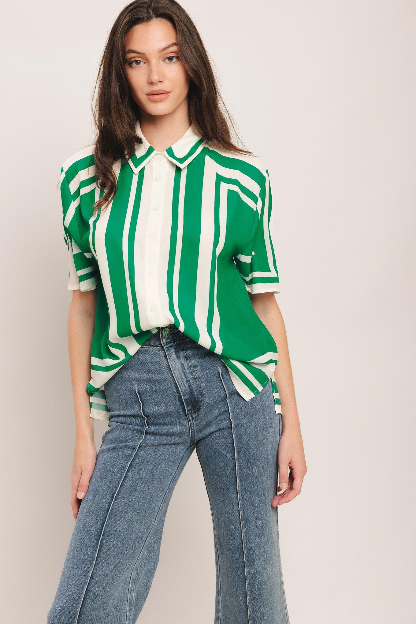 Green White Striped Collared Short Sleeve Woven Button Down Top - Image 3
