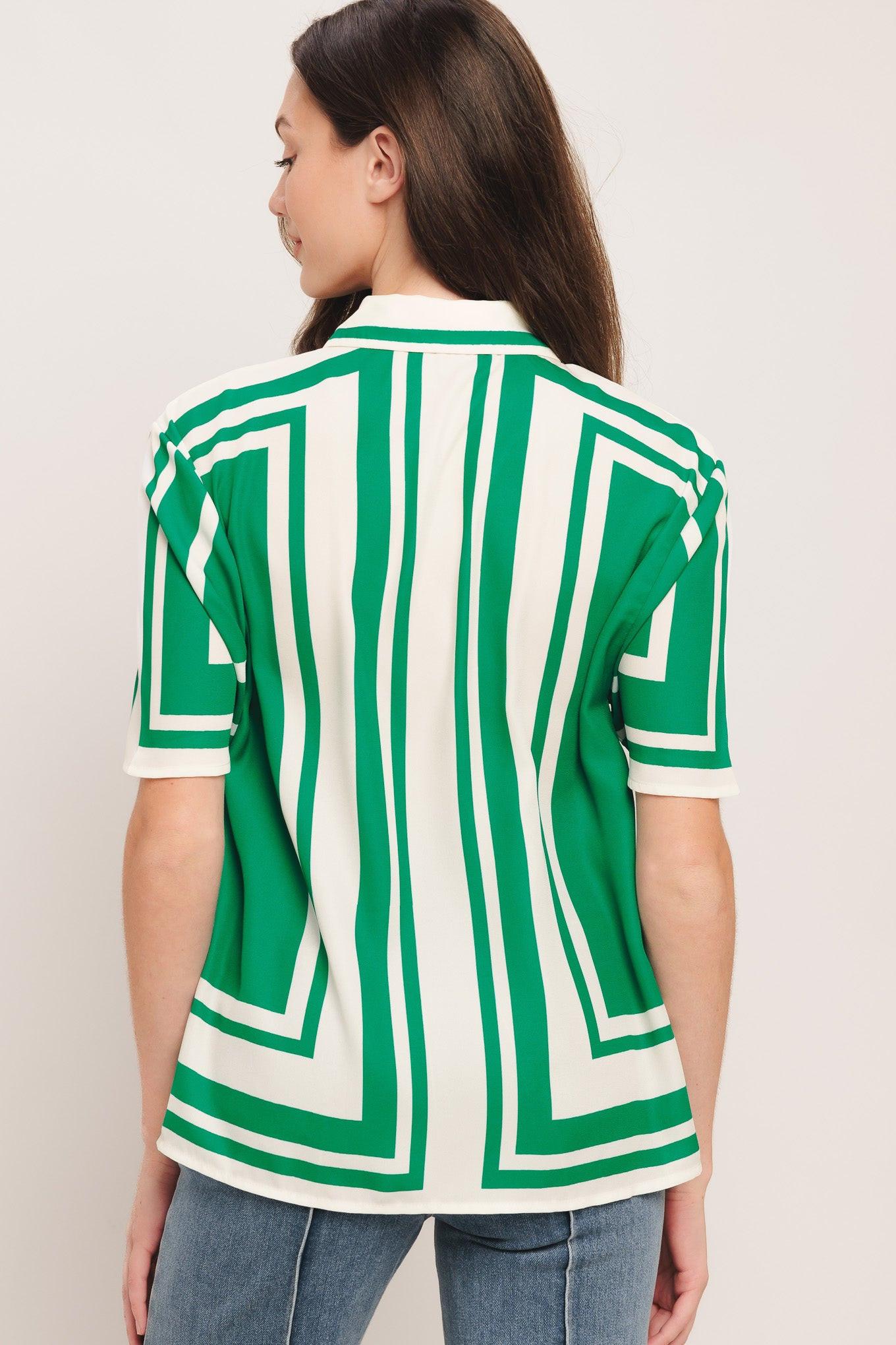 Green White Striped Collared Short Sleeve Woven Button Down Top - Image 5