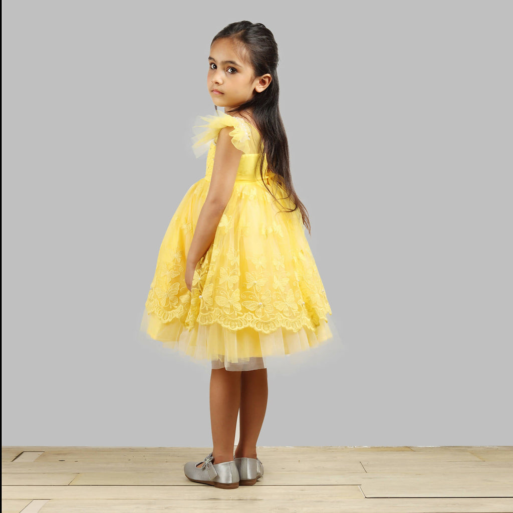Yellow Lace and Net Layered Dress with Frill Sleeves
