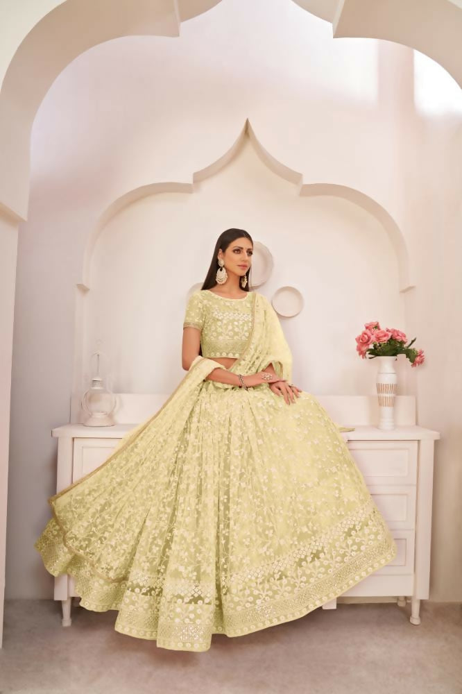 Lemon Yellow Butterfly Net Lehenga with Zari and Sequence Work