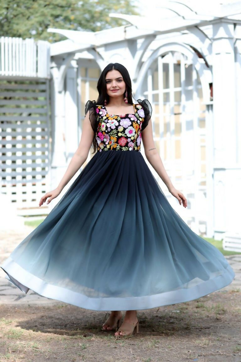 Black Sequins Embroidery Faux Blooming Anarkali Dress