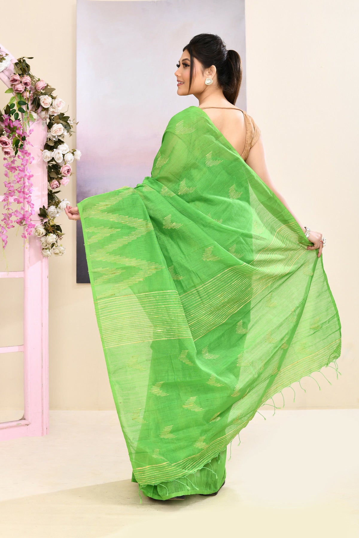 Green Embellished Jamdani Saree in Sustainable Cotton Blend