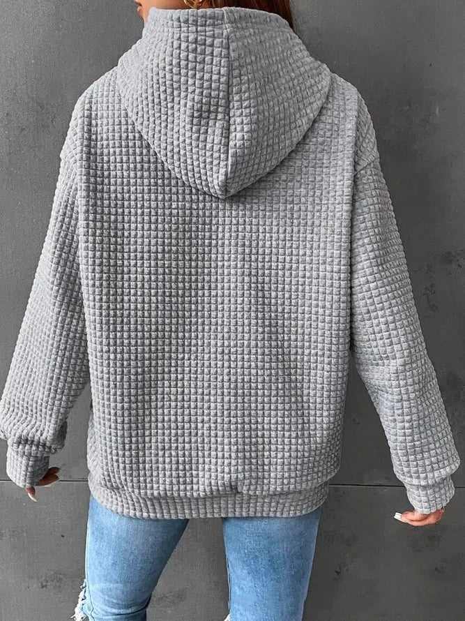 Women's Loose Casual Long Sleeve Waffle Knit Hooded Sweatshirt