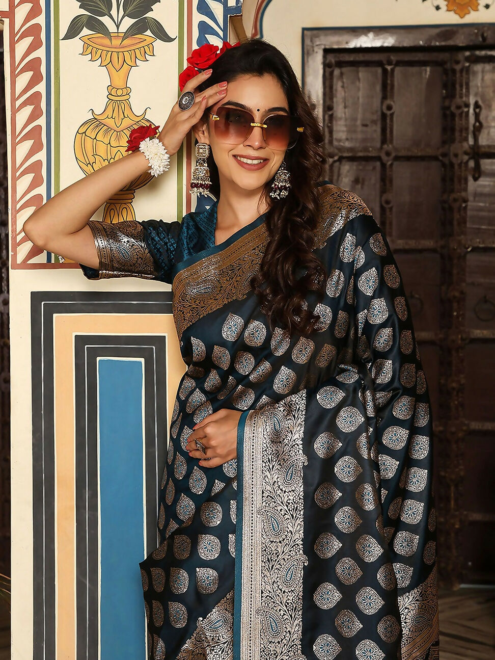 Teal Silk Saree with Matching Teal Silk Blouse