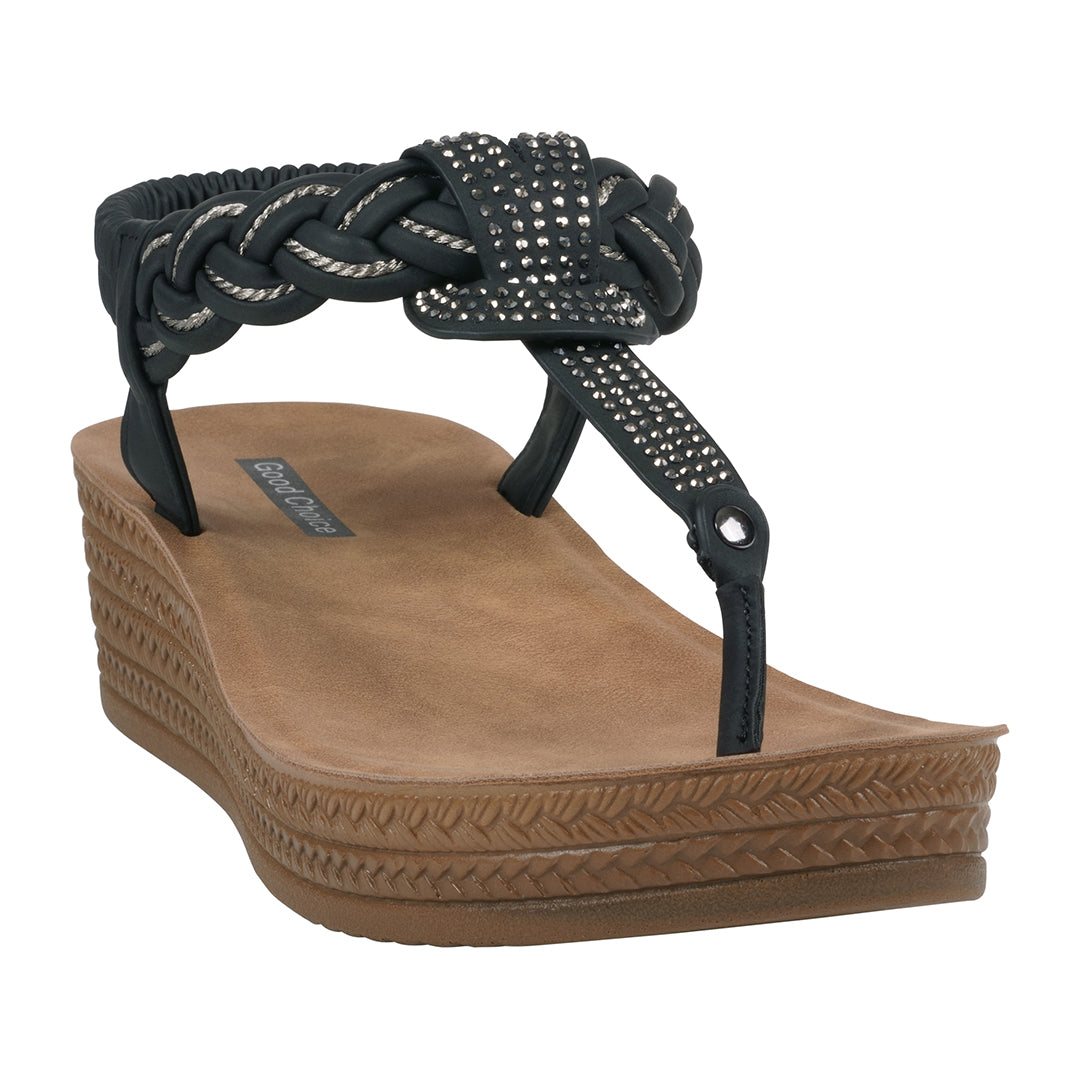 A pair of black women's wedge sandals with braided straps and decorative rhinestones.