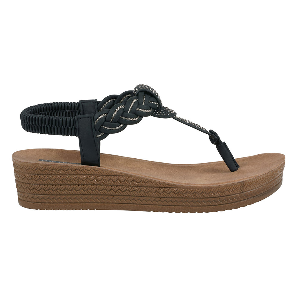 Women's Black Embellished Braided Strap Wedge Sandals
