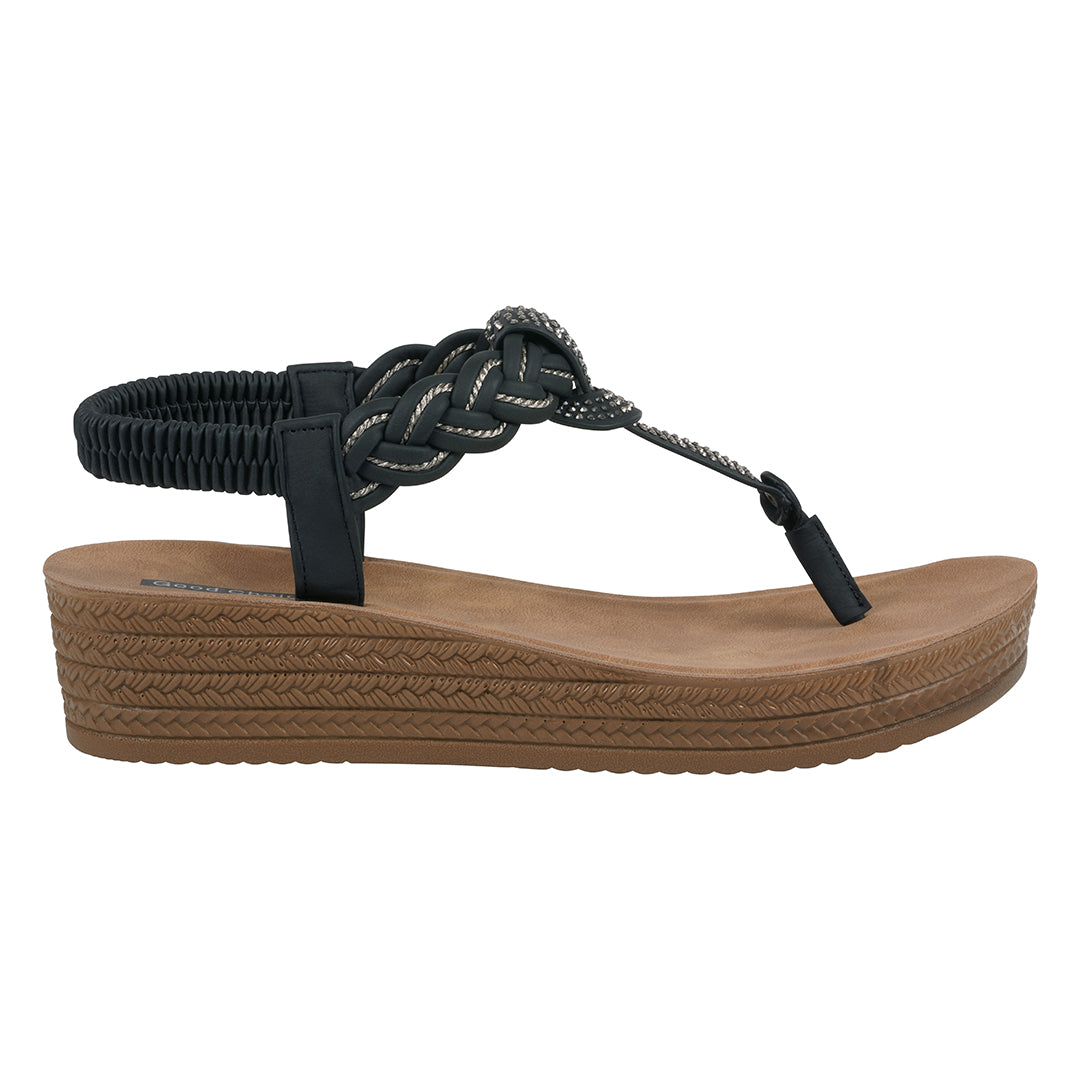 Women's Black Embellished Braided Strap Wedge Sandals