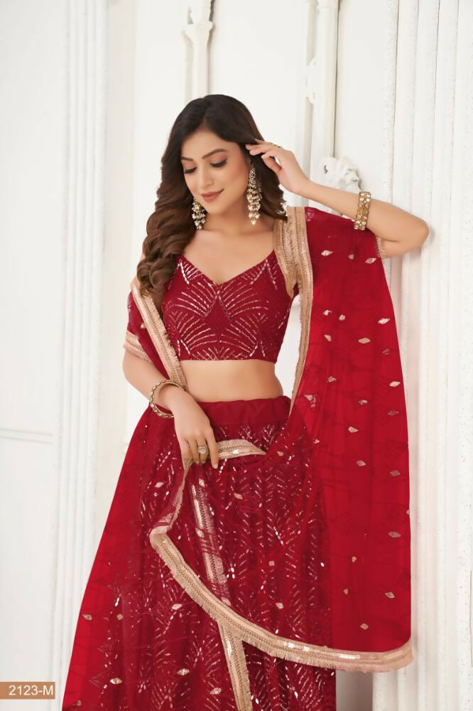 Maroon Butterfly Net Wedding Lehenga with Original Mirror Work