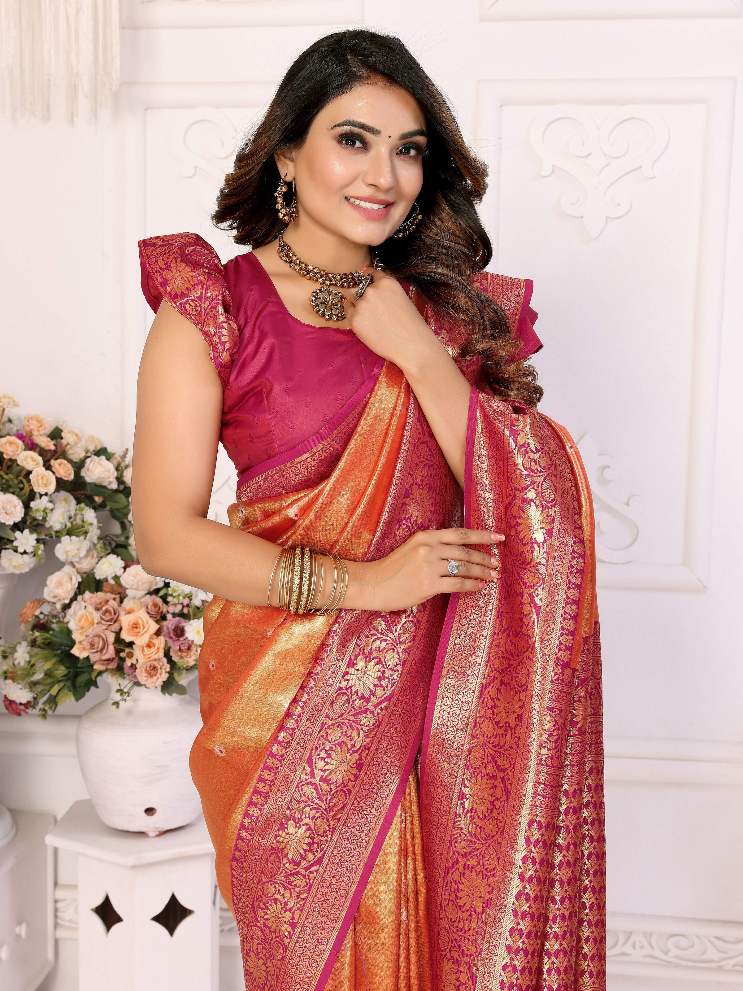 Orange Tissue Silk Woven Saree with Intricate Details