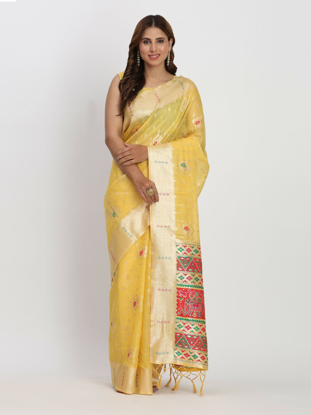 Yellow Linen Cotton Saree with Matching Blouse Piece